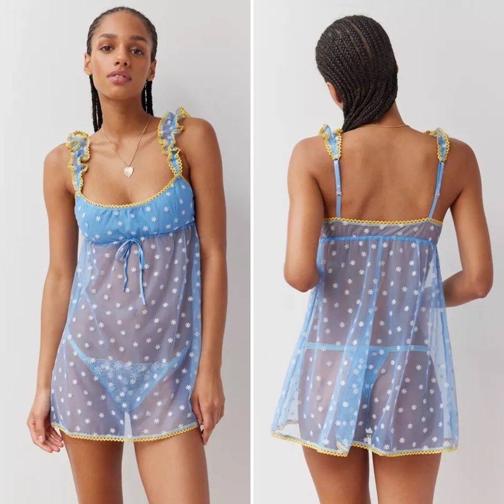New Urban Outfitters Lazy Daisy Mini Dress Nightdress Blue Sheer Floral S